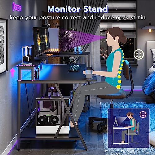 Black Gaming Desk with LED Lights and Storage Shelves O34193