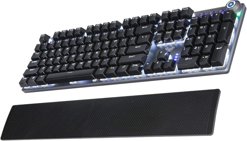 PC Gaming Keyboard with Detachable Hand Rest, White LED Backlit, 104-Keys USB Wired Mechanical Keyboard O9896