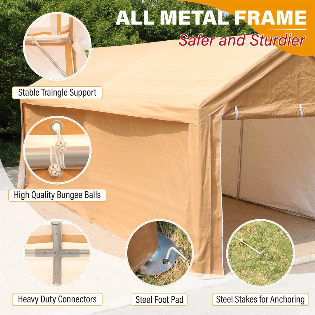 10' X 20' Heavy Duty Galvanized Car Canopy with Removable Sidewalls and Doors Beige Y16765