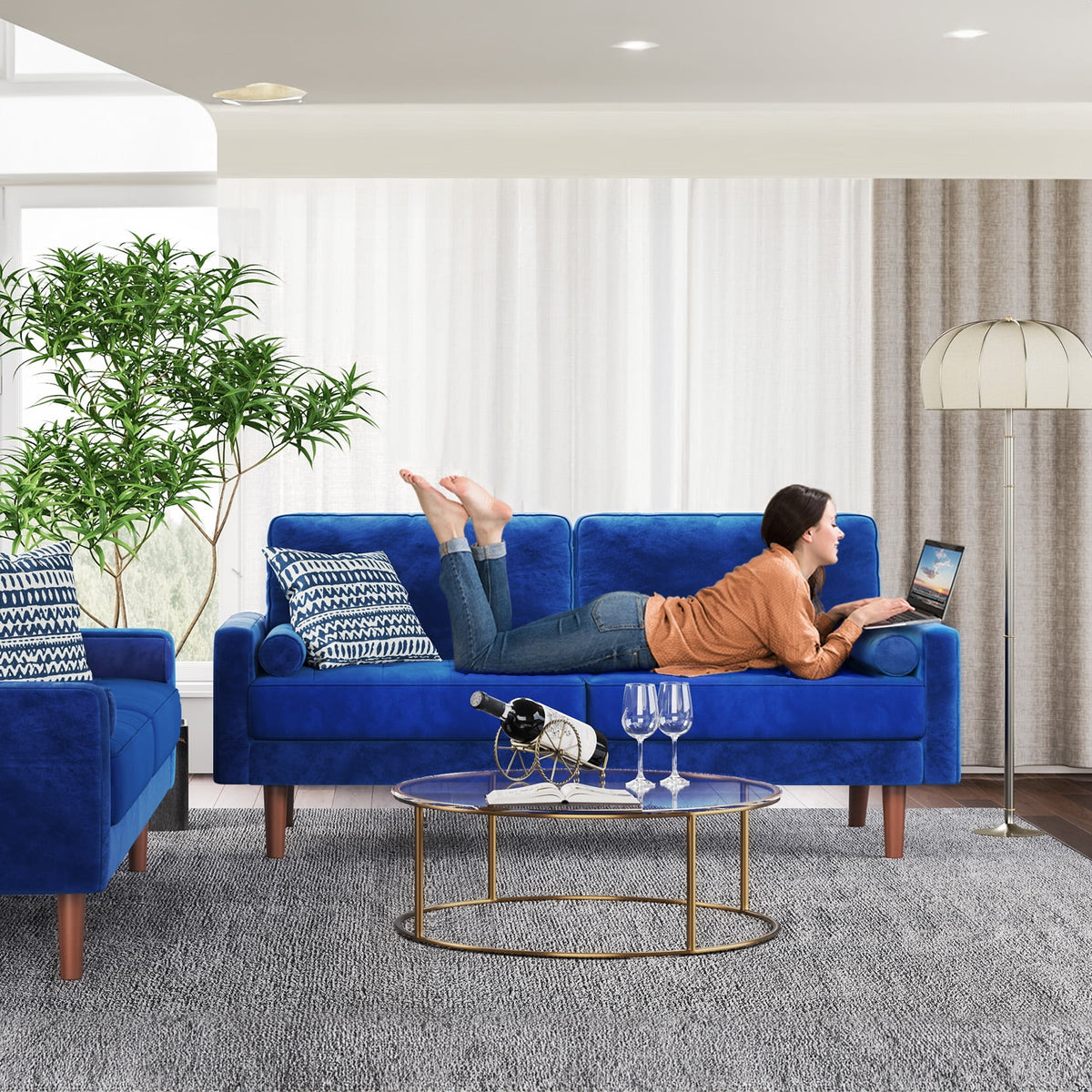 Blue Velvet Rolled Arm Sofa L188