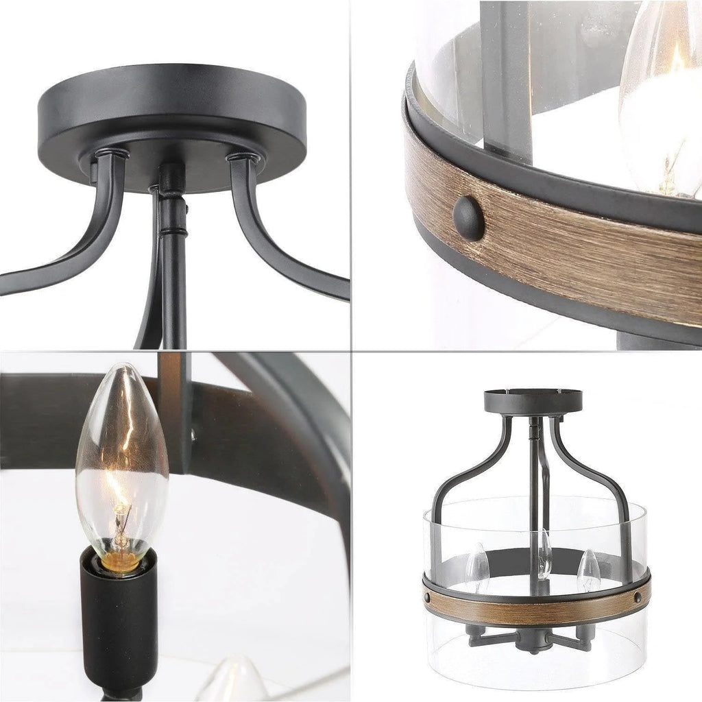 Semi Flush Mount Ceiling Light with Faux Wood & Clear Glass N90075