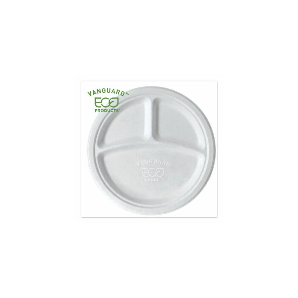 Compostable Sugarcane Plates, 3 Compartment, 10 T890635