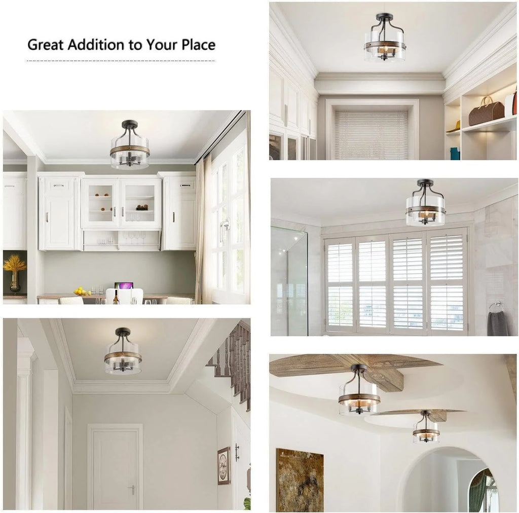 Semi Flush Mount Ceiling Light with Faux Wood & Clear Glass N90075