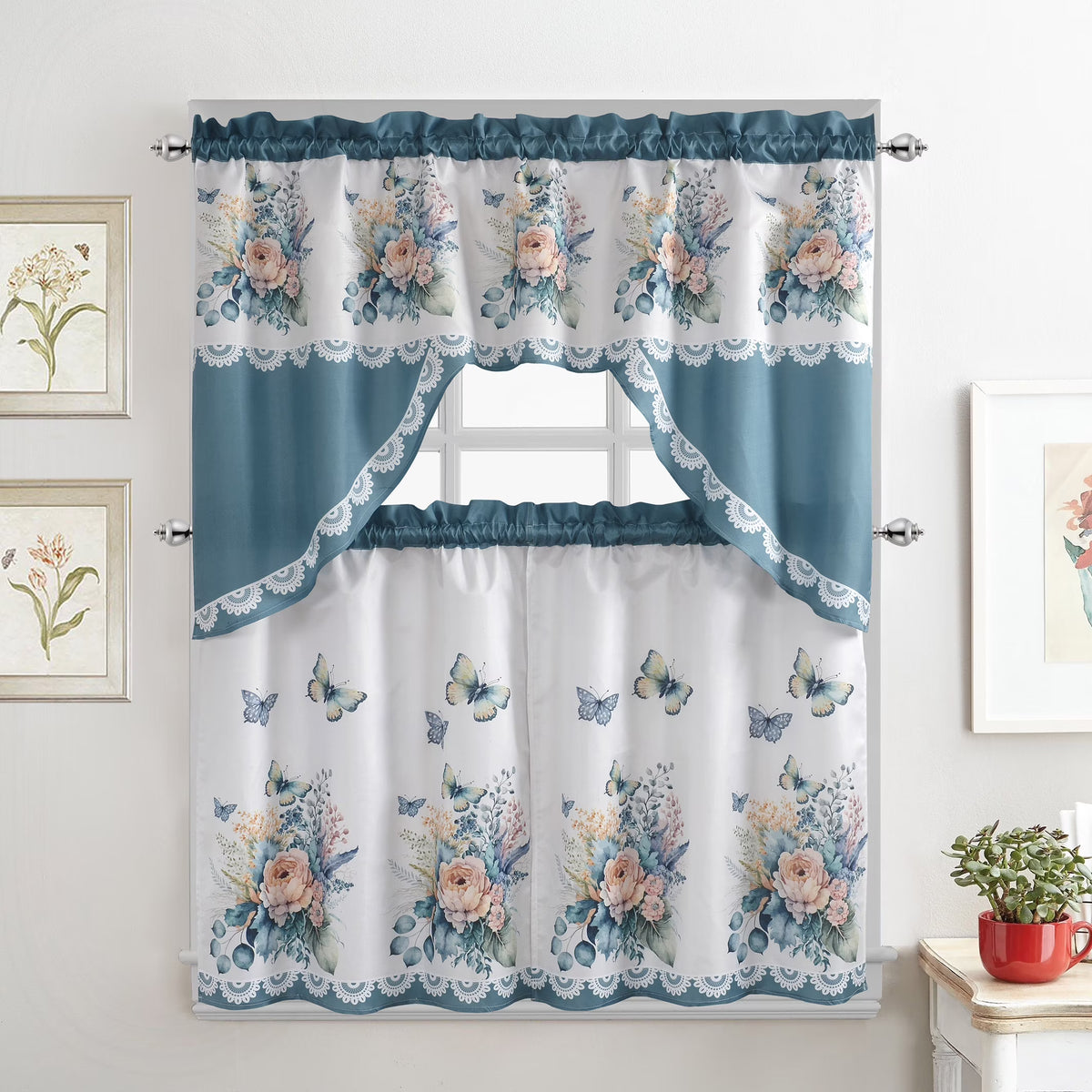 Turquoise 3-Piece Kitchen Curtain Tiers & Swag Set, 58x36 & 28x36 inches U77100