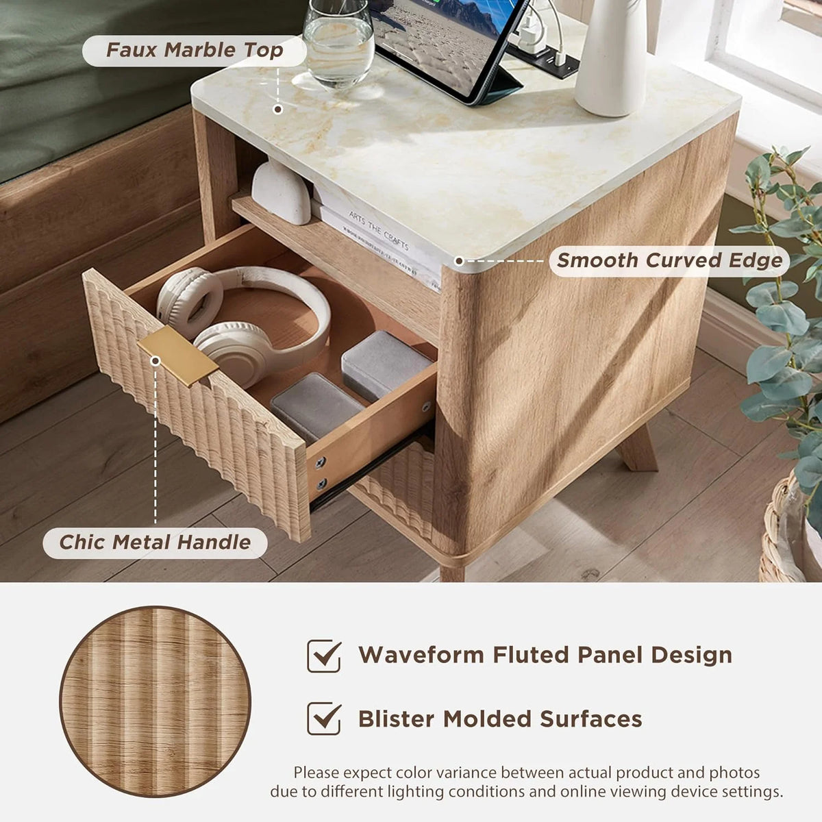 Mid-Century Modern Nightstand with Charging Station J396261