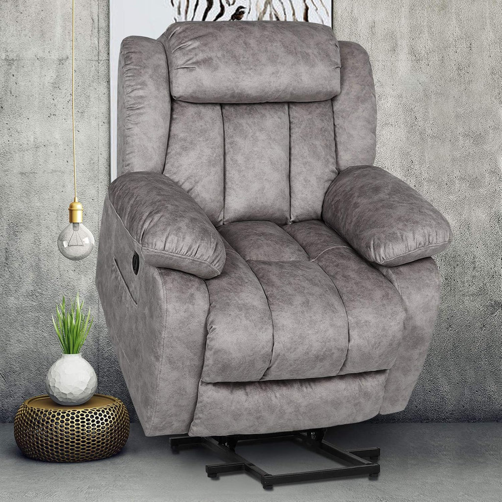 Dark Gray Plush Fabric Electric Power Lift Recliner Chair with Massage and Heat B432845