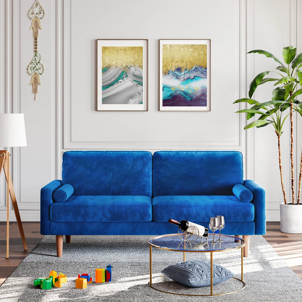Blue Velvet Rolled Arm Sofa L188
