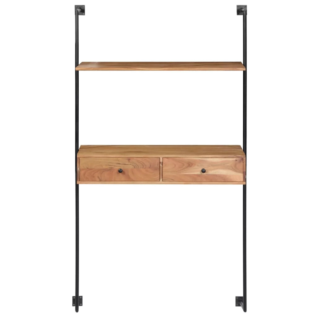Wall Computer Desk with Storage Drawers and Book Shelf Acacia Wood Iron Frame Y472447