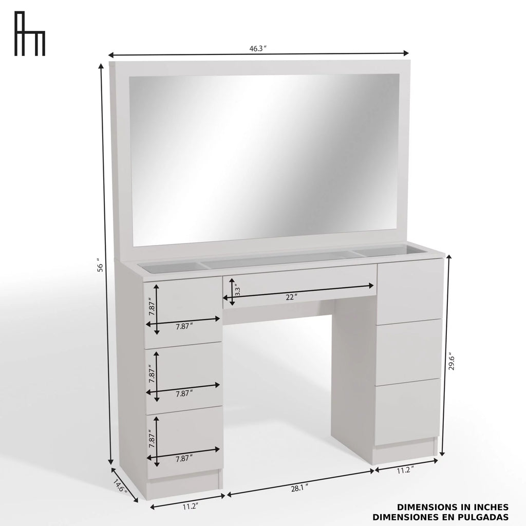 Modern Makeup Vanity Table Set with Mirror, 7 Drawers, White H790