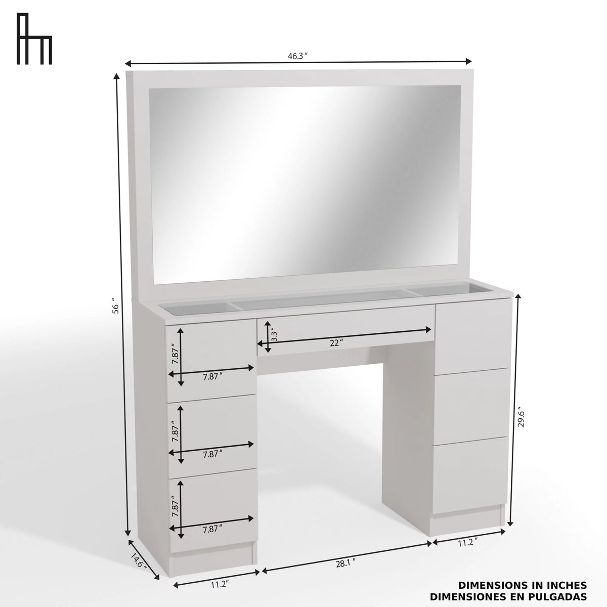 Modern Makeup Vanity Table Set with Mirror, 7 Drawers, White H790