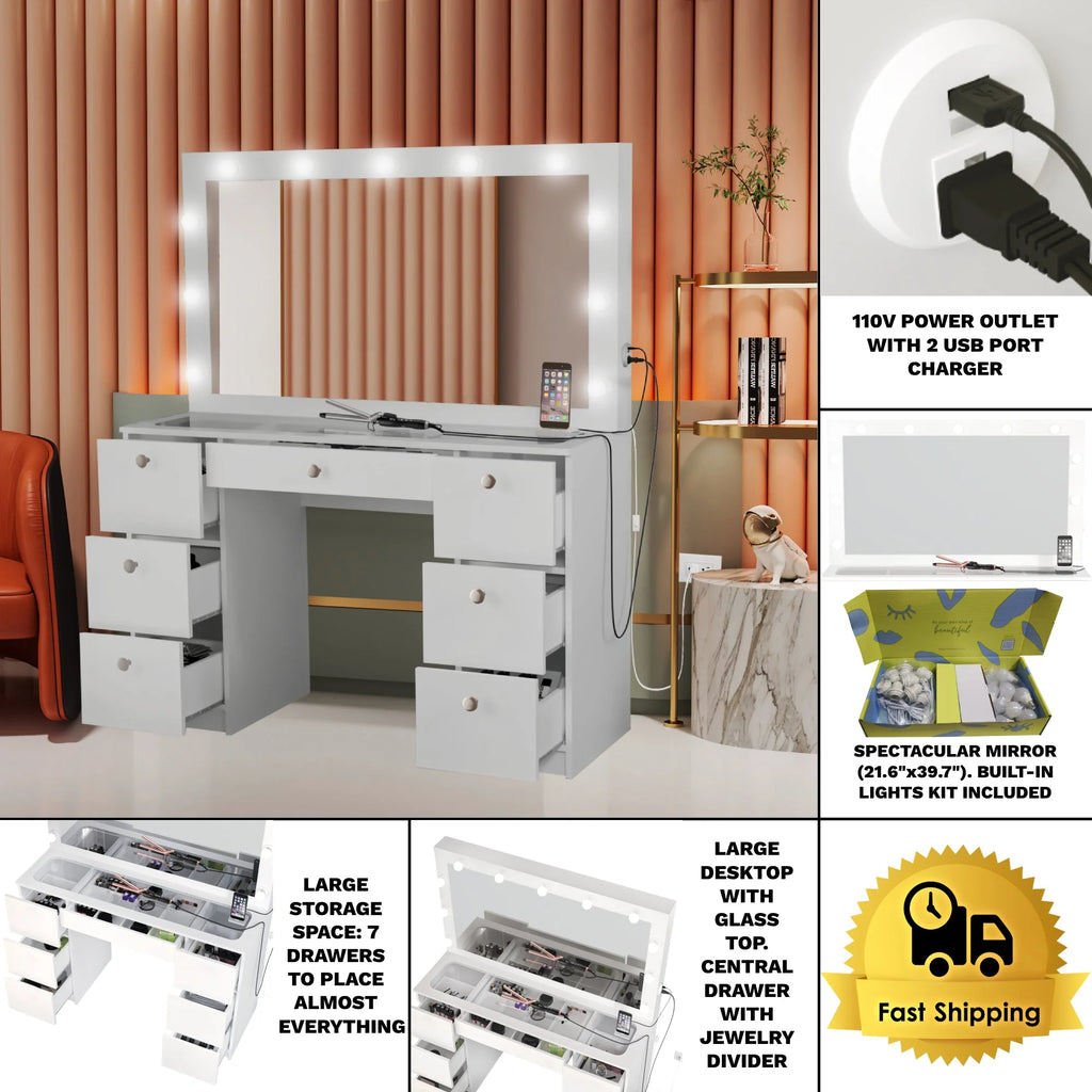 Modern Makeup Vanity Table Set with Mirror, 7 Drawers, White H790