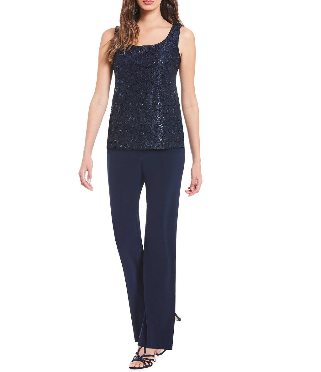 3-Piece Sequin Glitter Scallop Lace Duster Pant Set Q716