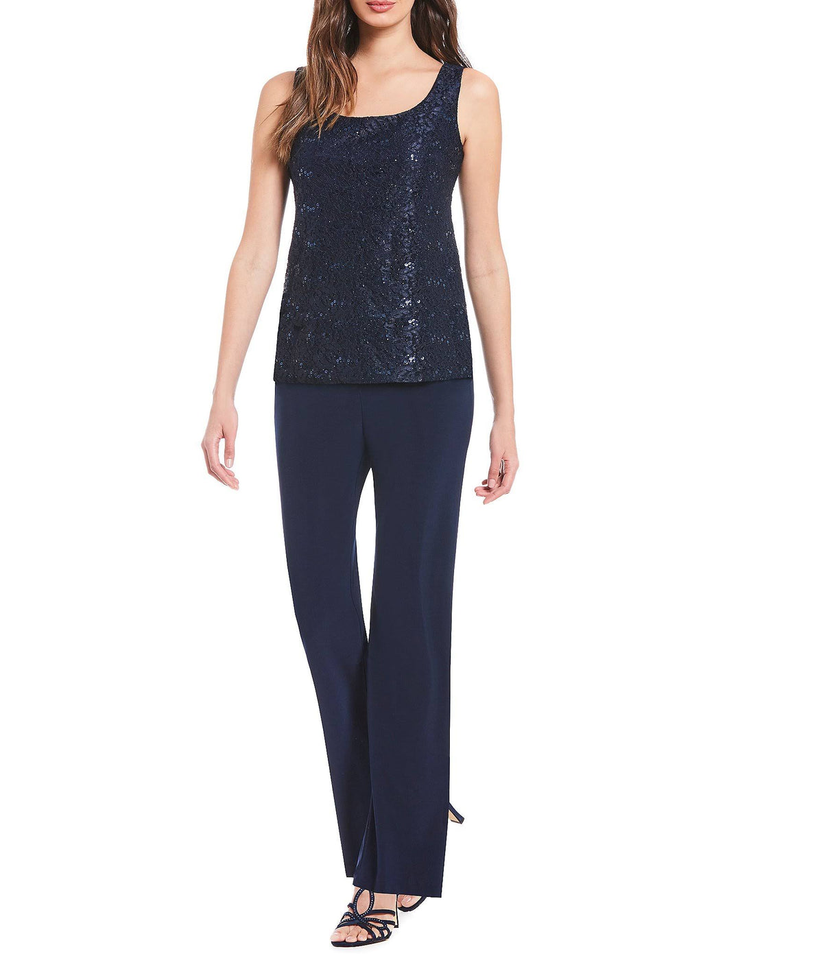 3-Piece Sequin Glitter Scallop Lace Duster Pant Set Q716