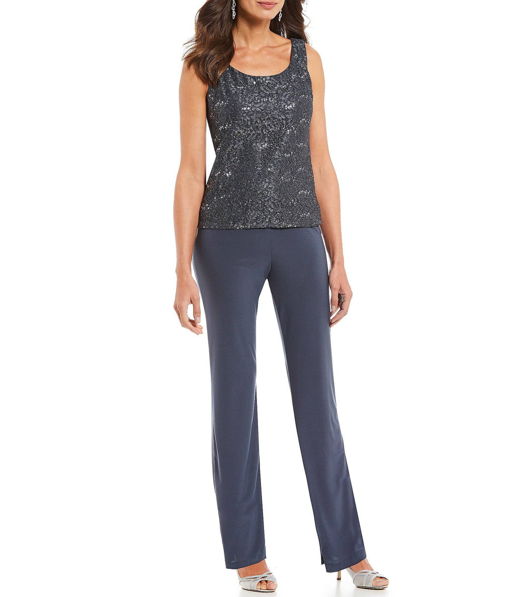 3-Piece Sequin Glitter Scallop Lace Duster Pant Set Q716