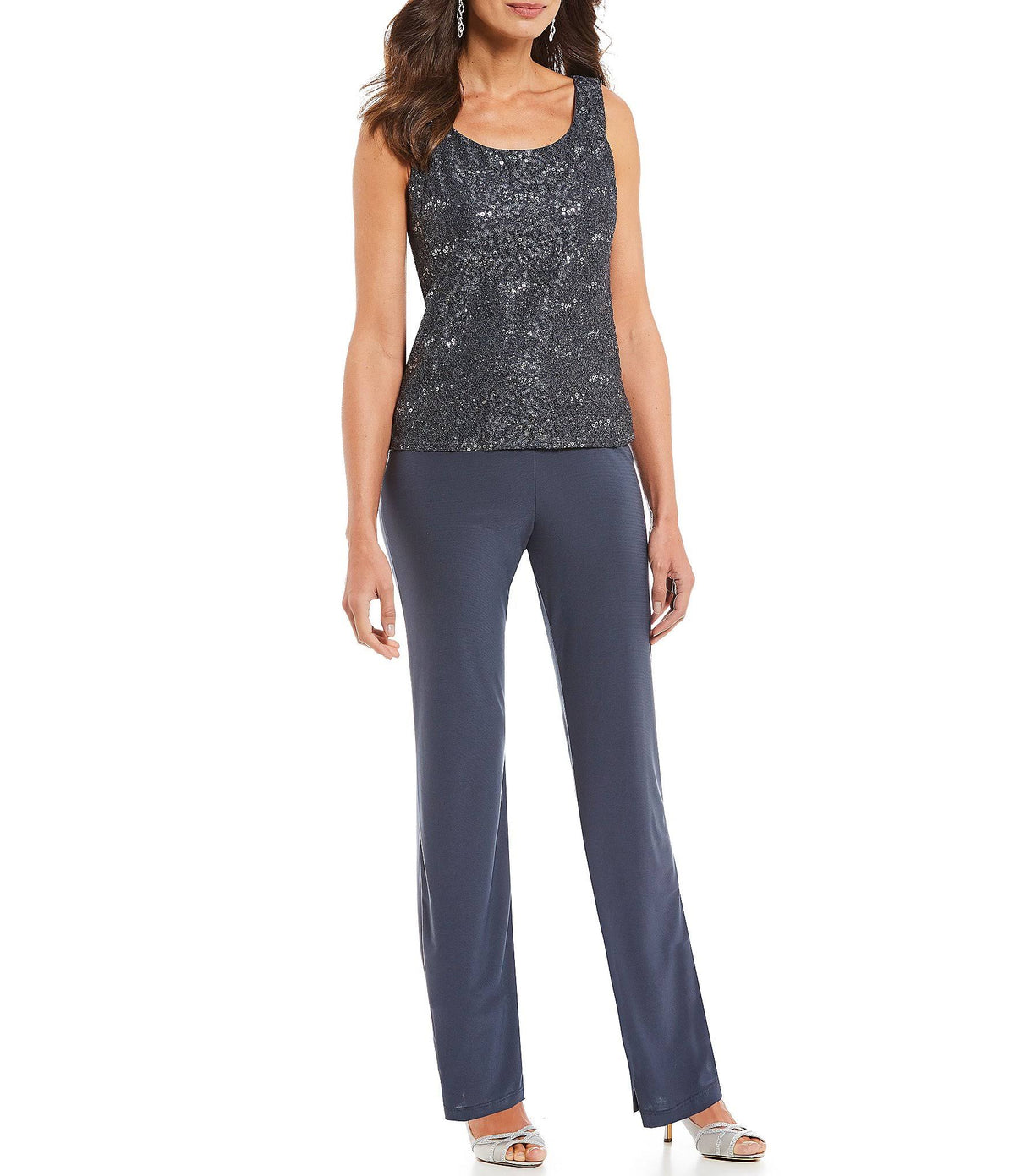 3-Piece Sequin Glitter Scallop Lace Duster Pant Set Q716