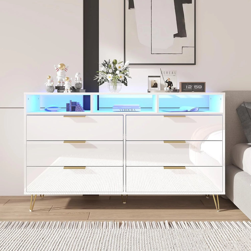 White 6 Drawer Wood Dresser with LED Lights A9901