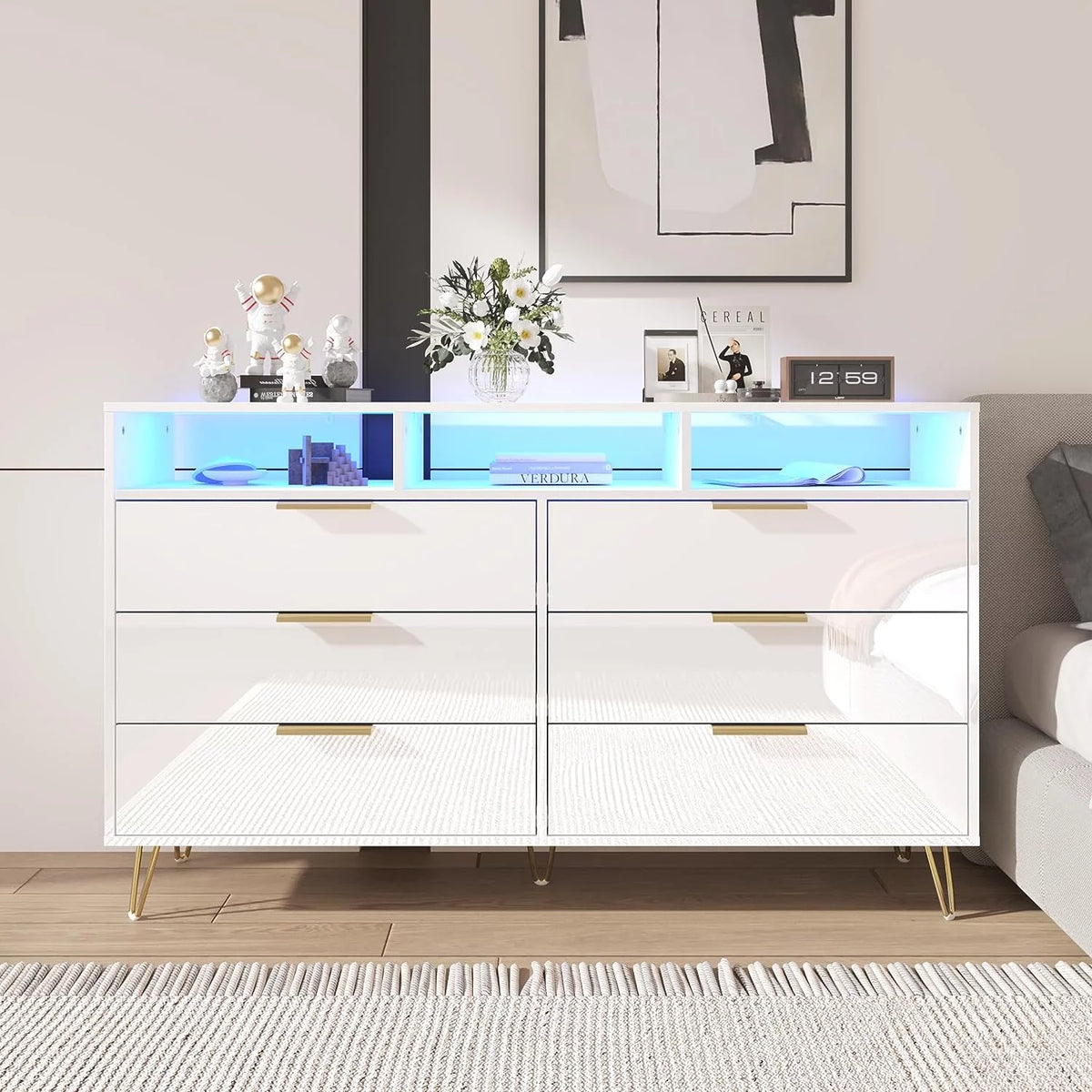 White 6 Drawer Wood Dresser with LED Lights A9901