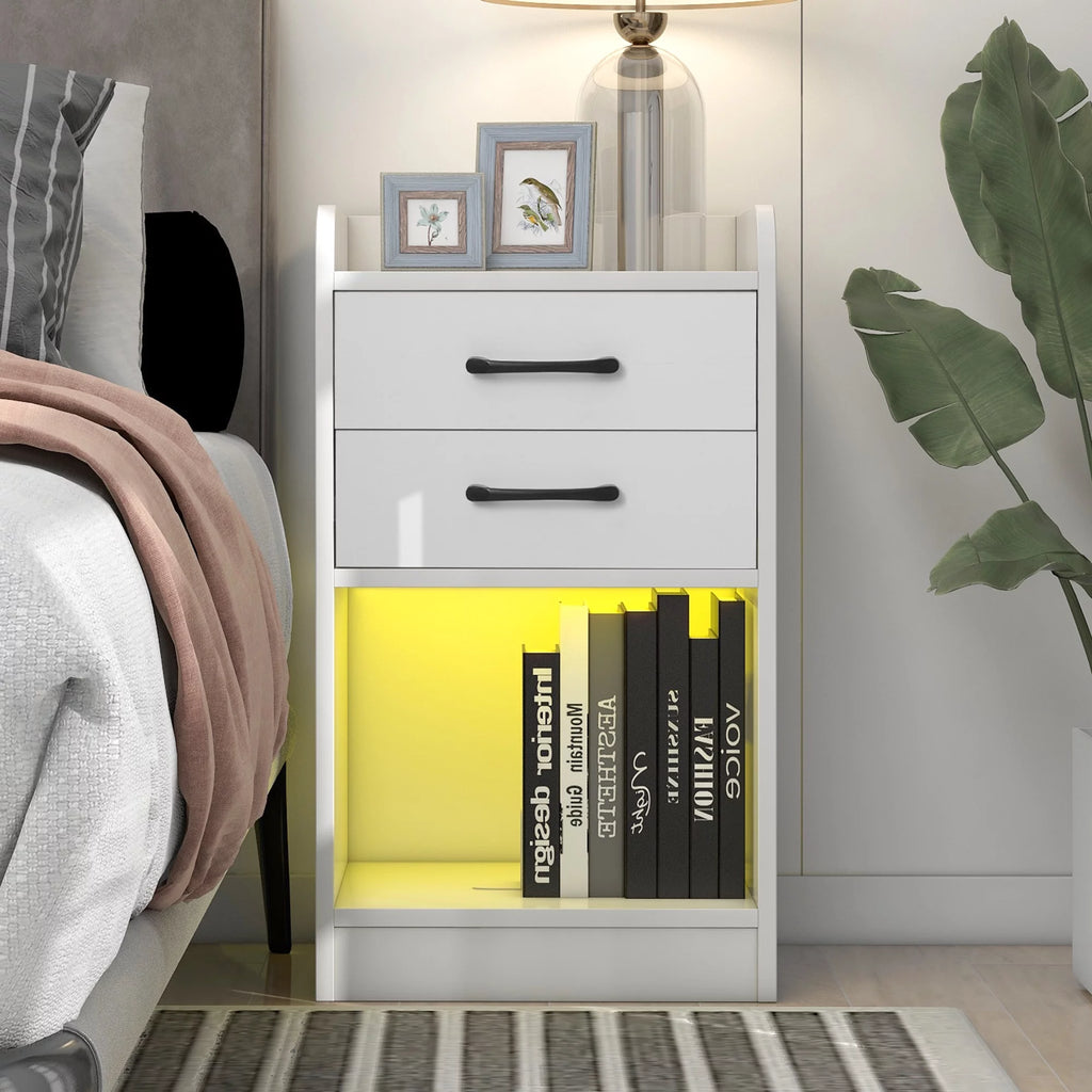 White LED Nightstand with Charging Station A843