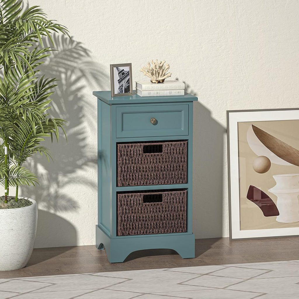 Blue Storage Chest Side End Table with 2 Removable Baskets and 1 Drawer U381