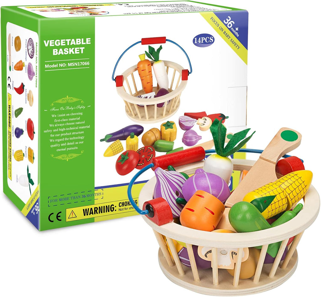 Magnetic Wooden Cutting Food Play Toy Set with Basket V24518