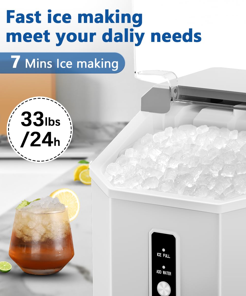 Nugget Ice Maker, 10,000pcs/33lbs/Day, Portable Countertop with Handle, Self-Cleaning, Ice Scoop and Basket, White T52552
