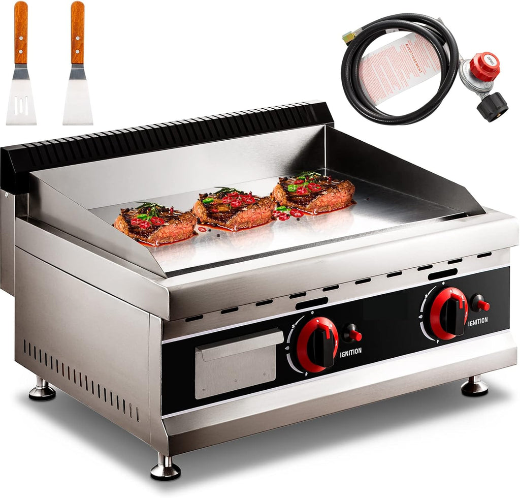 24-Inch Commercial Gas Griddle, 2-Burners Liquefied Propane Gas Flat Top Stainless Steel Countertop Manual Griddle C489