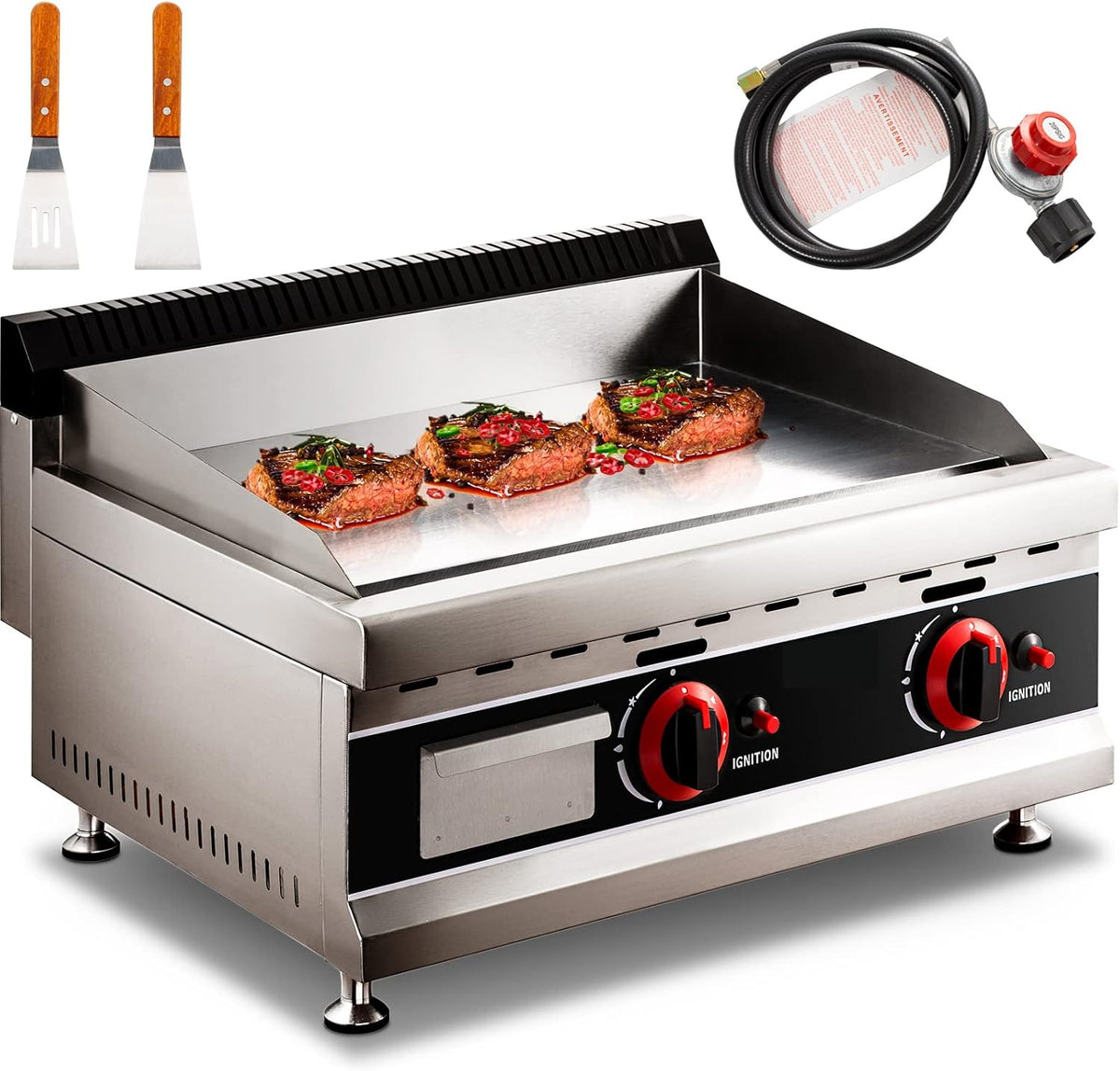 24-Inch Commercial Gas Griddle, 2-Burners Liquefied Propane Gas Flat Top Stainless Steel Countertop Manual Griddle C489