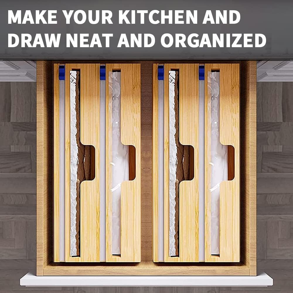 Bamboo Wood Wrap Dispenser with Slide Cutter 2 Slots Aluminum Foil Organizer Pack of 2 K541