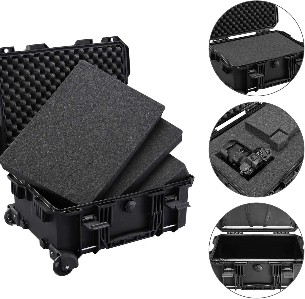 Black Rolling Waterproof Hard Camera Case with Wheels L681