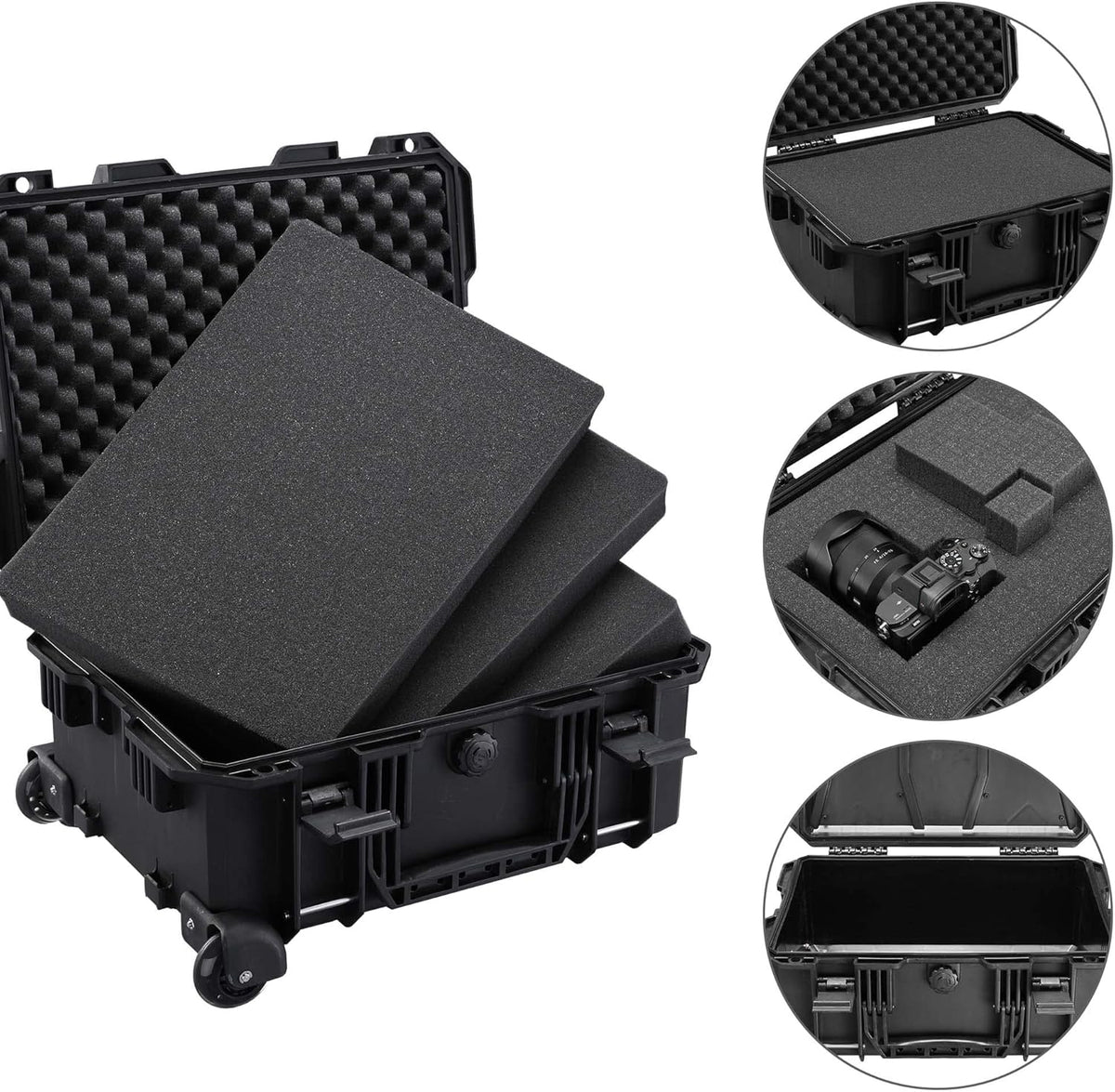 Black Rolling Waterproof Hard Camera Case with Wheels L681