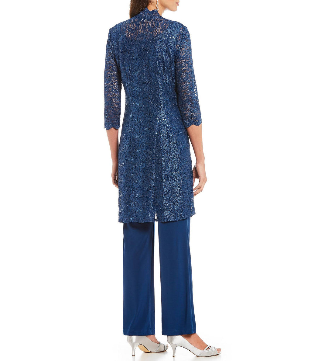 3-Piece Sequin Glitter Scallop Lace Duster Pant Set Q716