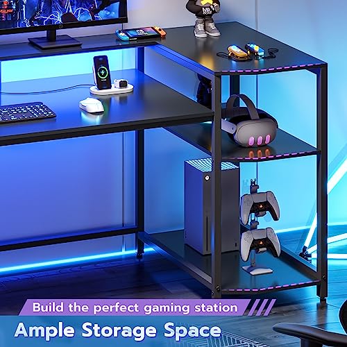 Black Gaming Desk with LED Lights and Storage Shelves O34193