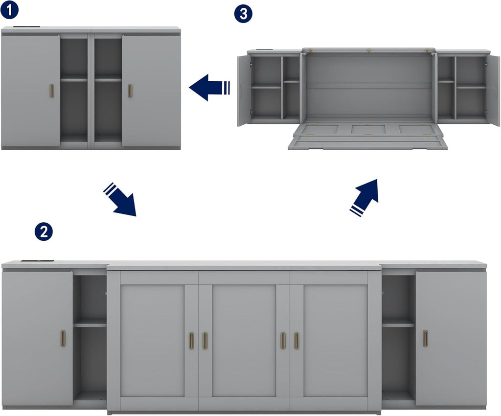 Queen Size Gray Murphy Wall Bed with Shelves and Cabinets K30720