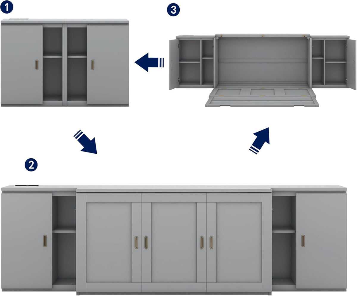 Queen Size Gray Murphy Wall Bed with Shelves and Cabinets K30720