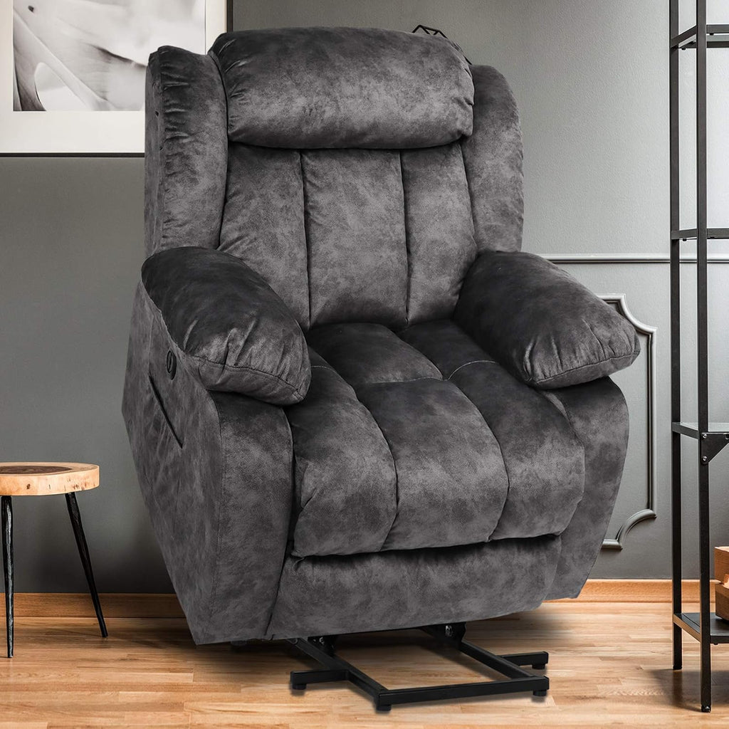 Dark Gray Plush Fabric Electric Power Lift Recliner Chair with Massage and Heat B432845
