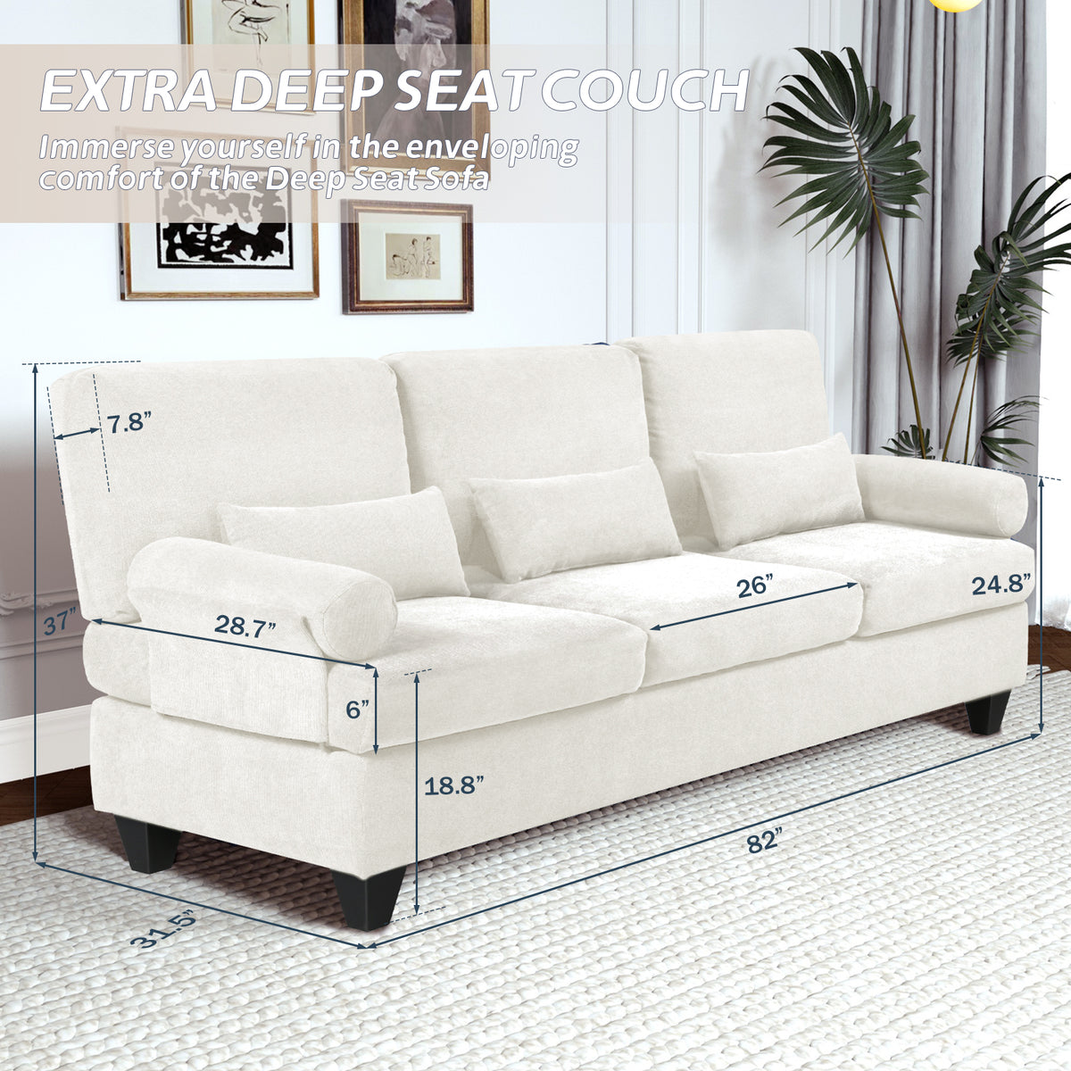 82" 3-seat Deep Seat Sofa with 3 Soft Pillows L600