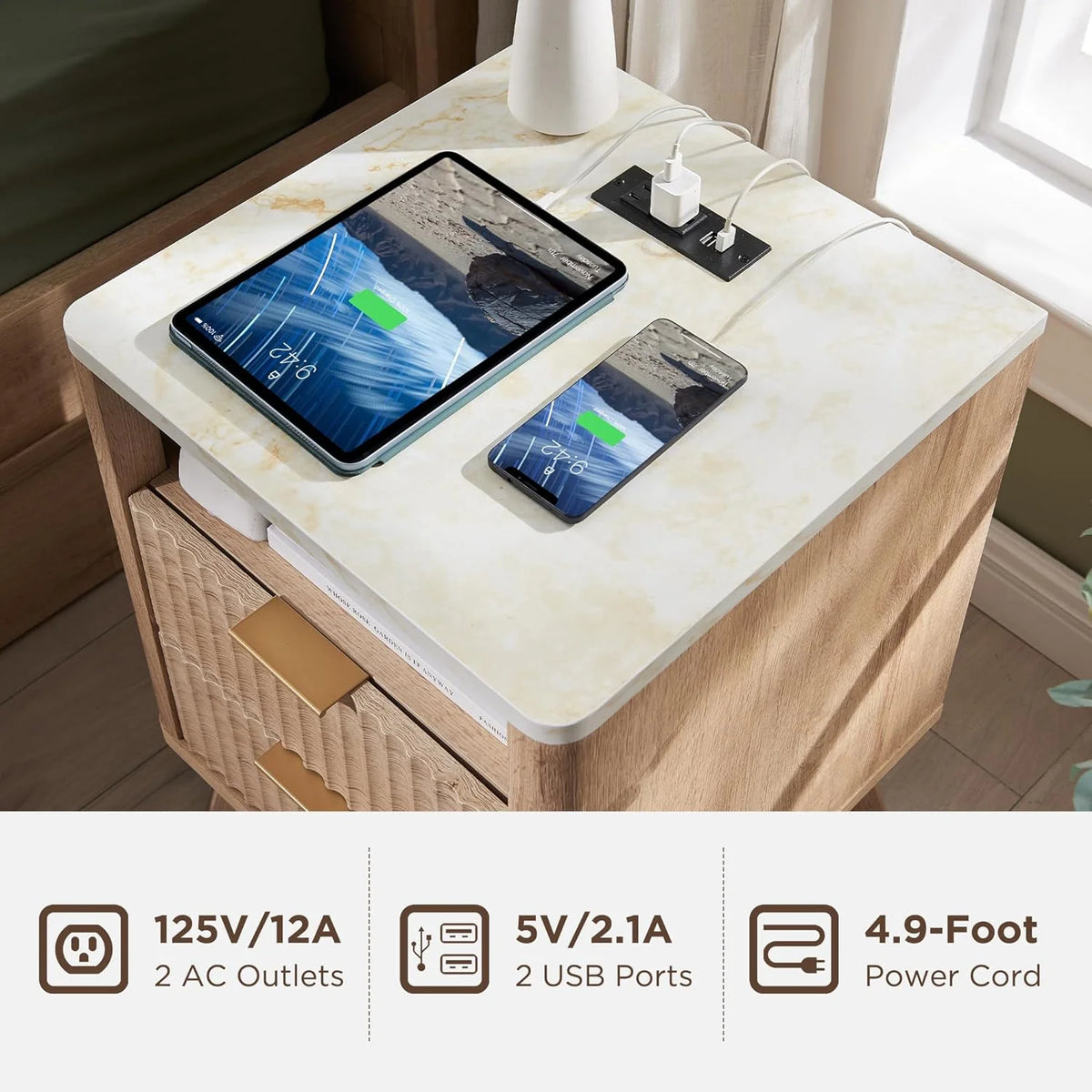 Mid-Century Modern Nightstand with Charging Station J396261