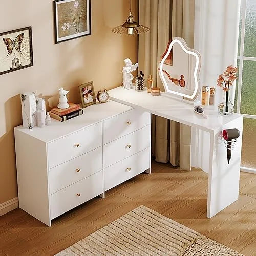 Modern Corner Vanity Table with LED Mirror and 6 Drawers M697422