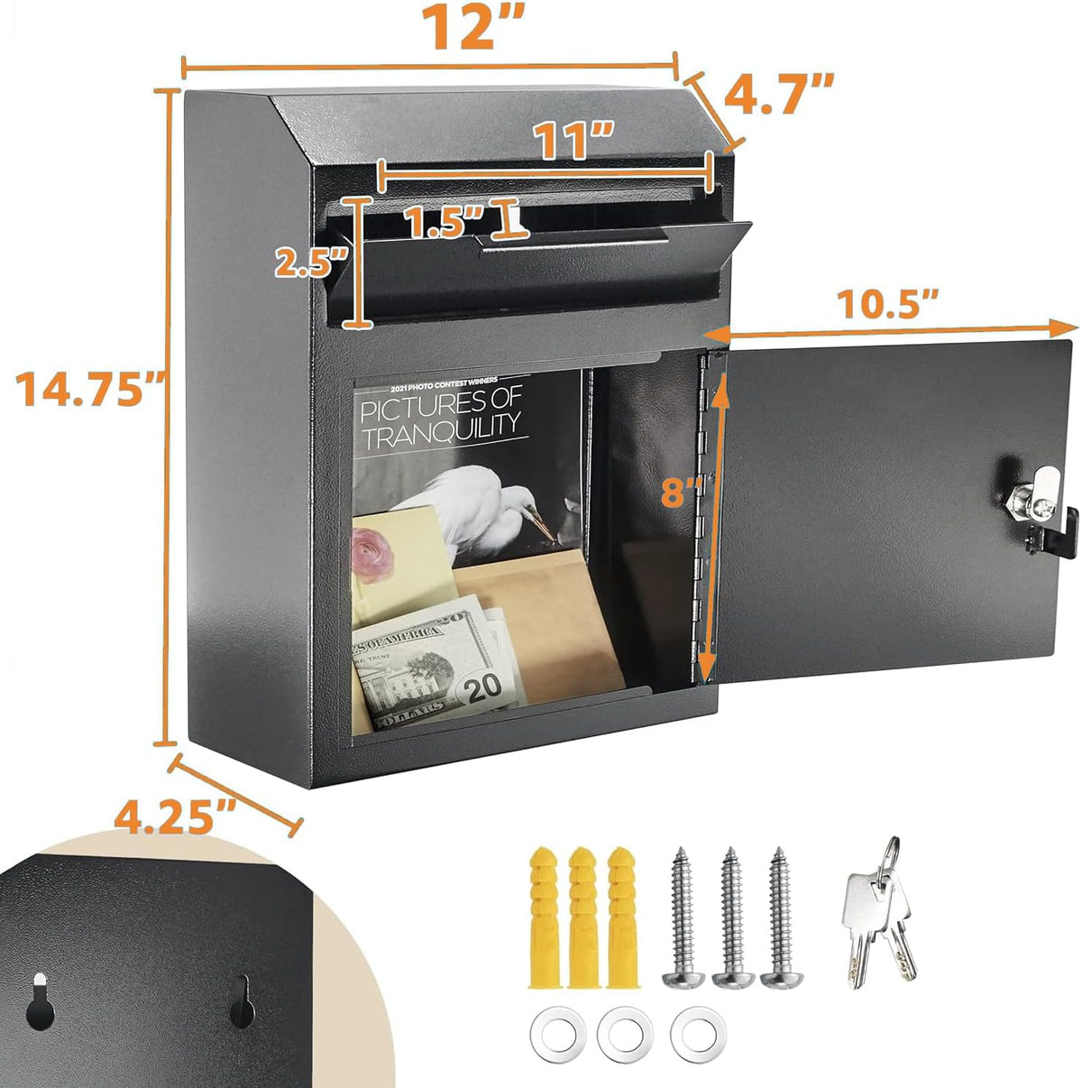 Extra Large Metal Wall Mount Locking Deposit Drop Box Safe (Black) U81350