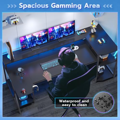 Black Gaming Desk with LED Lights and Storage Shelves O34193