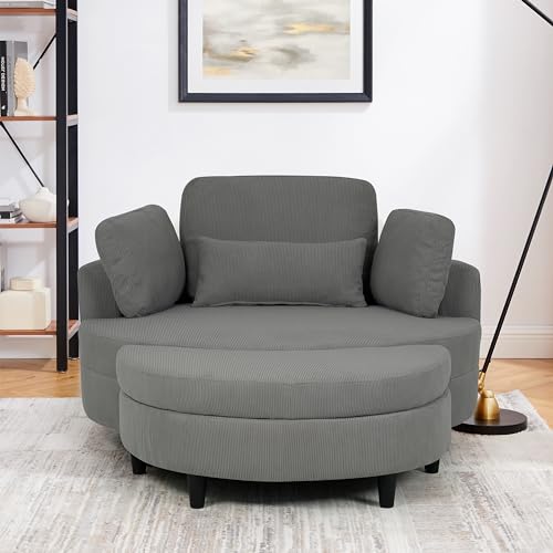 Oversized Corduroy Accent Barrel Chair with Adjustable Headrest, 4 Pillows, Storage Ottoman & Removable Tray M11824