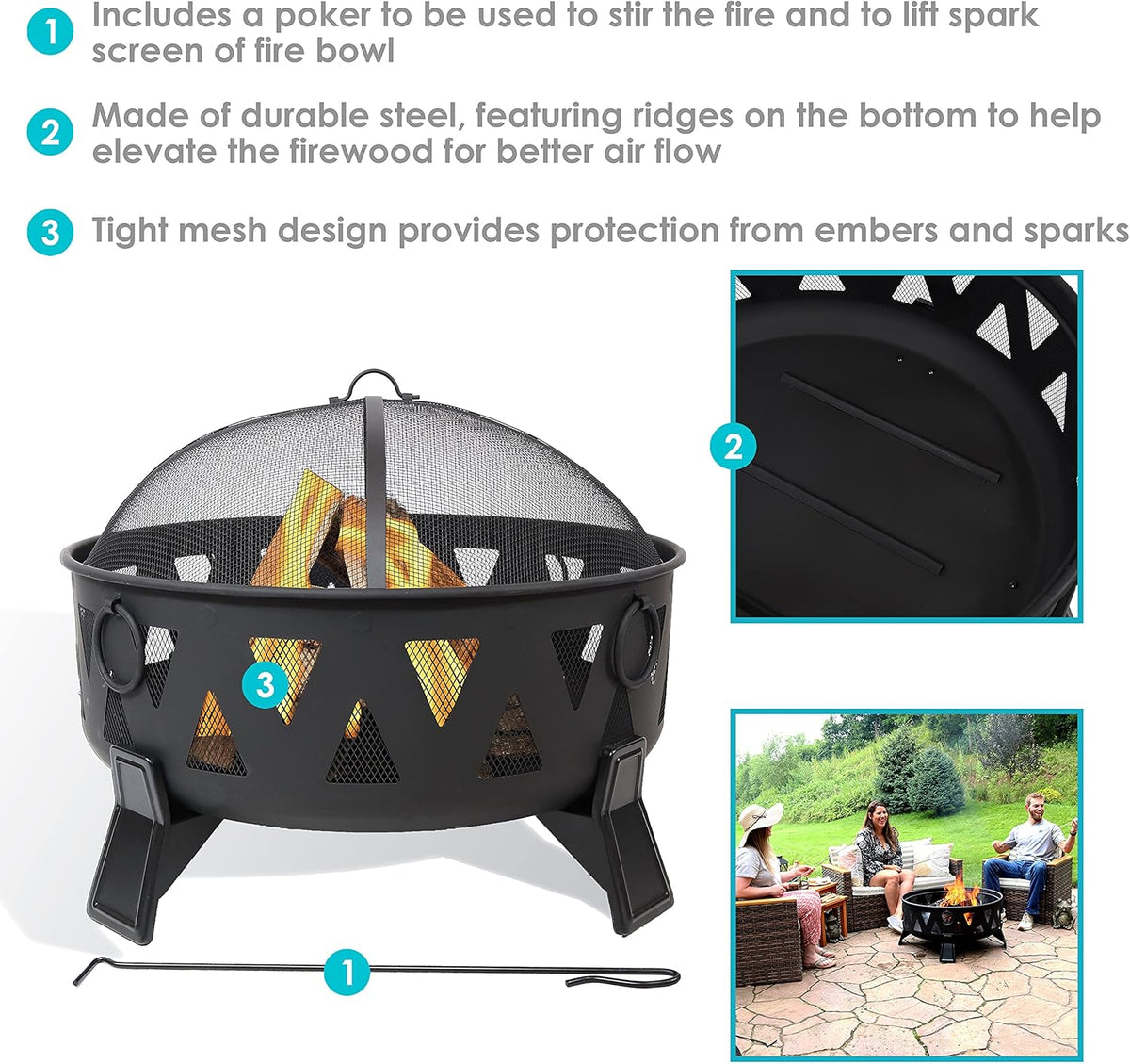 25-Inch Steel Wood-Burning Fire Pit with Poker and Spark Screen H8543