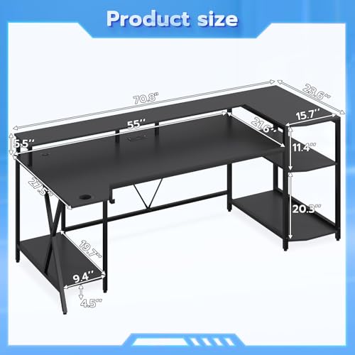 Black Gaming Desk with LED Lights and Storage Shelves O34193