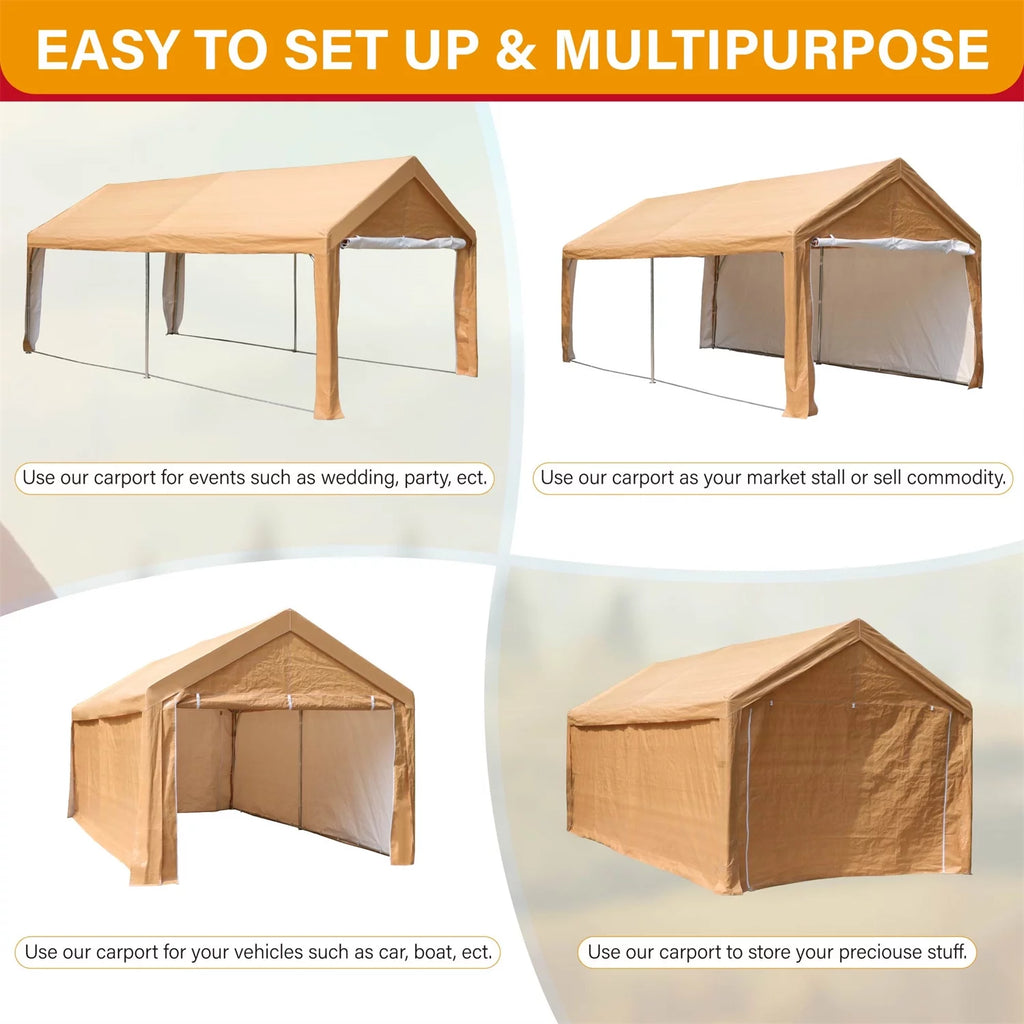 10' X 20' Heavy Duty Galvanized Car Canopy with Removable Sidewalls and Doors Beige Y16765
