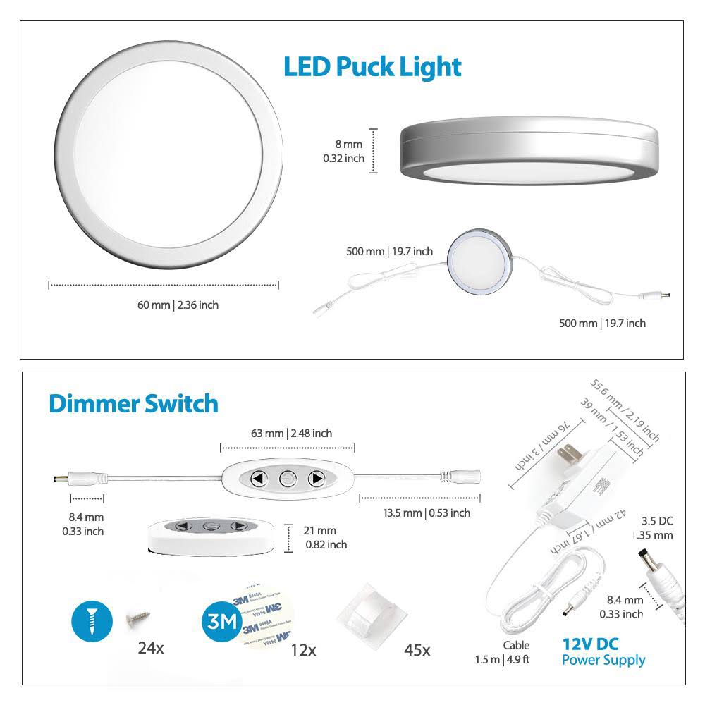 Dimmable Warm White LED Cabinet Lights Pack of 12 W6056