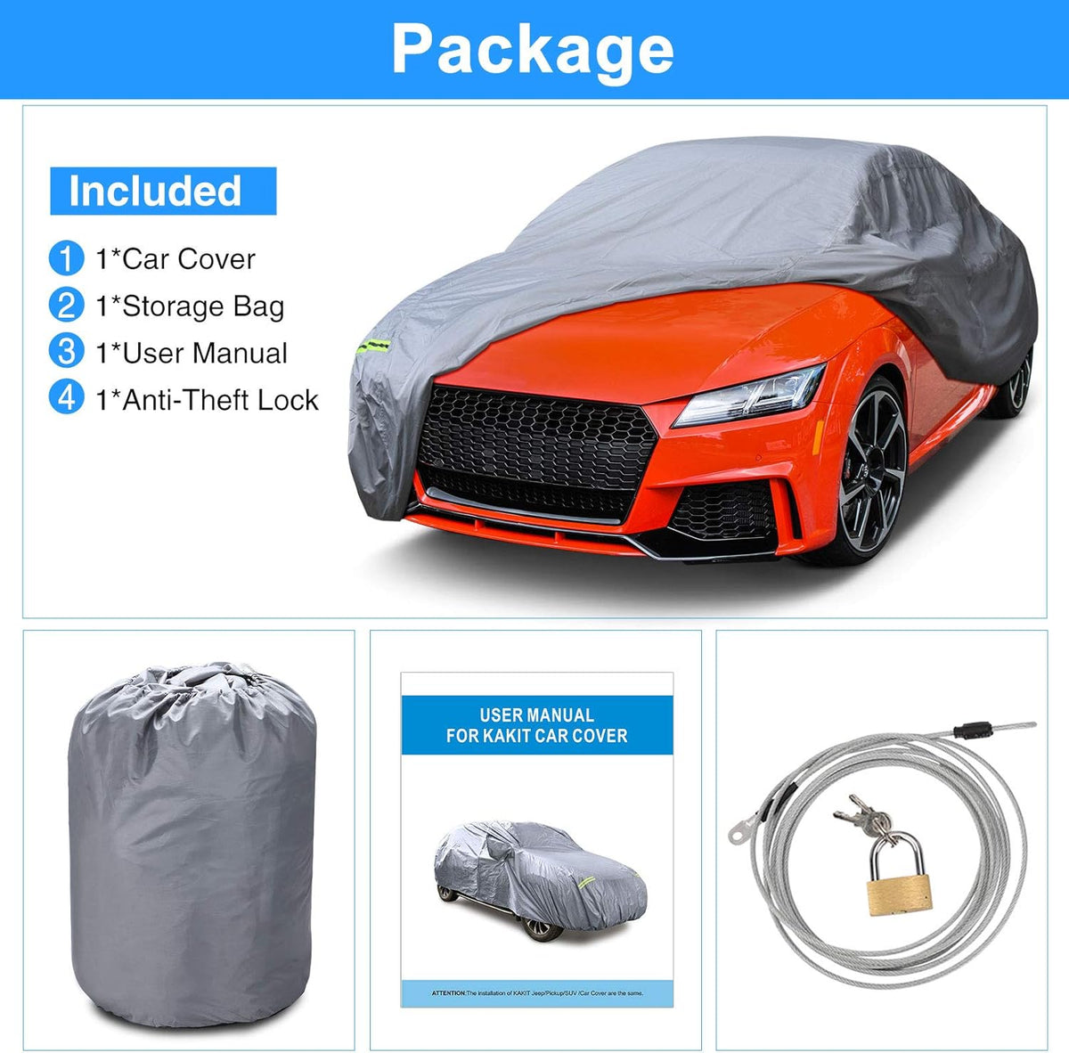 Waterproof Full Car Cover with Door Zipper Lock Straps Storage Bag A102527