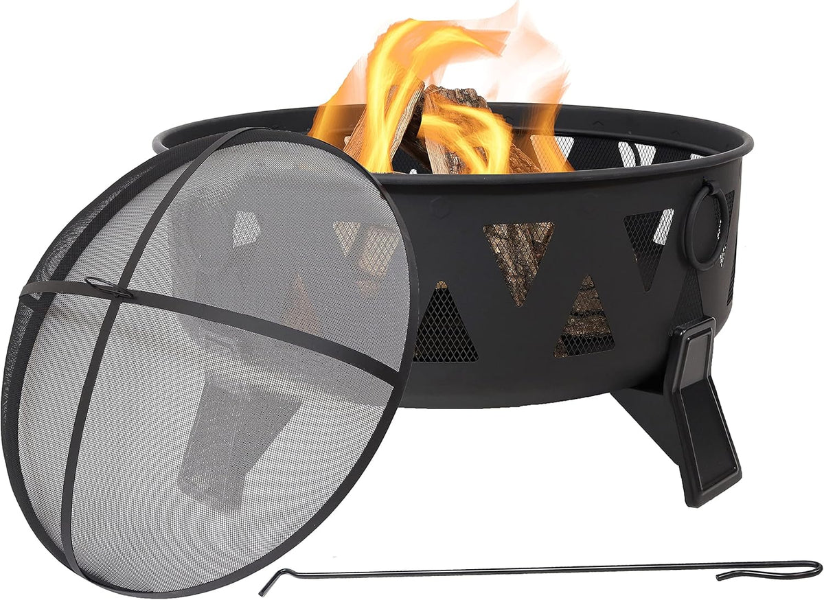 25-Inch Steel Wood-Burning Fire Pit with Poker and Spark Screen H8543
