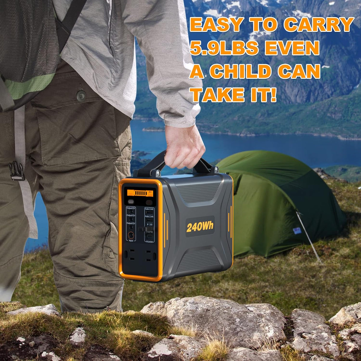 Portable Power Station, 240Wh LiFePO4 Battery, 200W Pure Sine Wave AC Outlet D73046