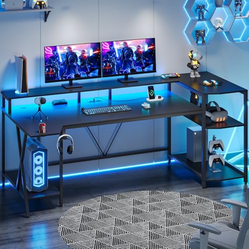 Black Gaming Desk with LED Lights and Storage Shelves O34193