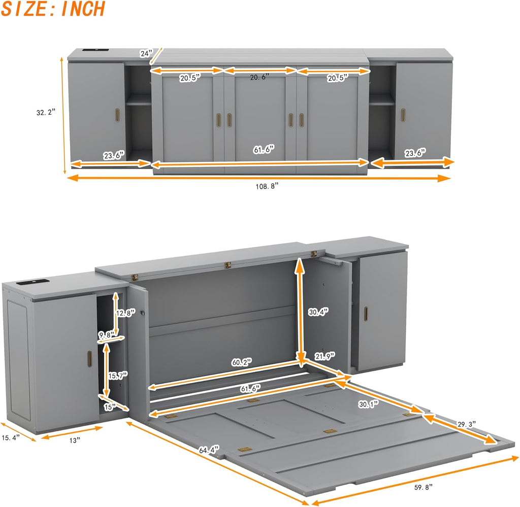 Queen Size Gray Murphy Wall Bed with Shelves and Cabinets K30720